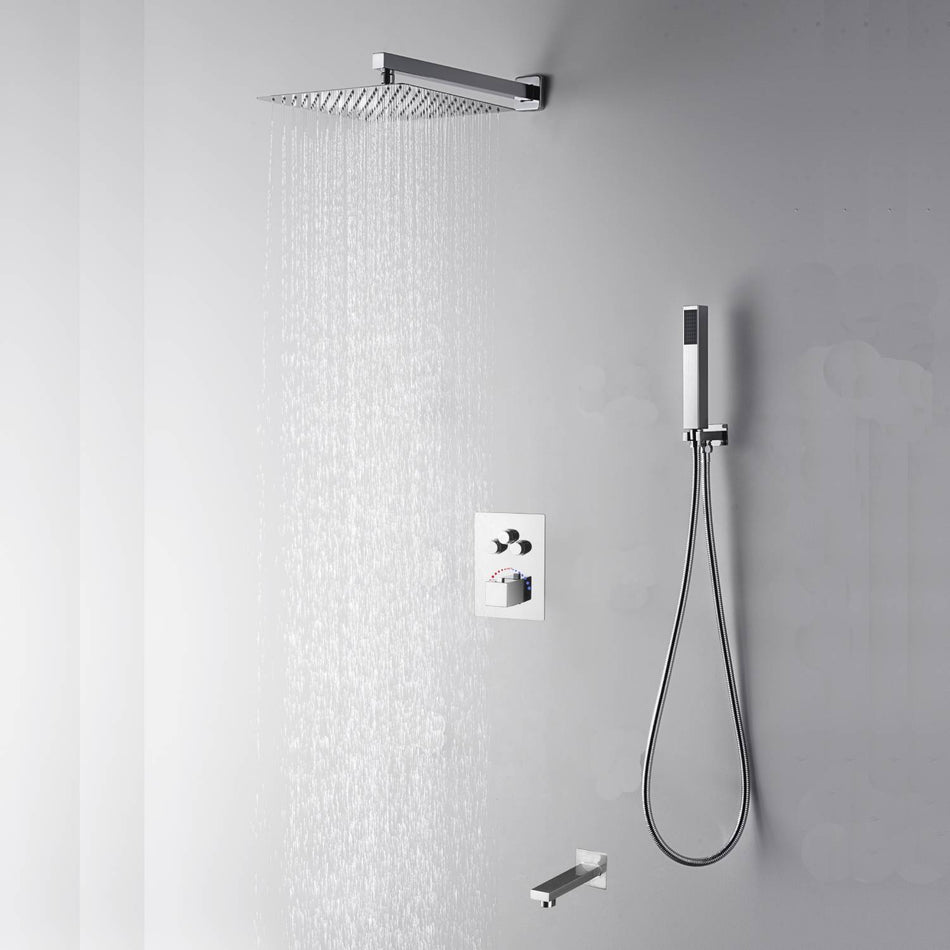 12 inch or 16 inch rain head Chrome wall mounted arm 3 way thermostatic shower faucet each function work all together and separately with tub spout