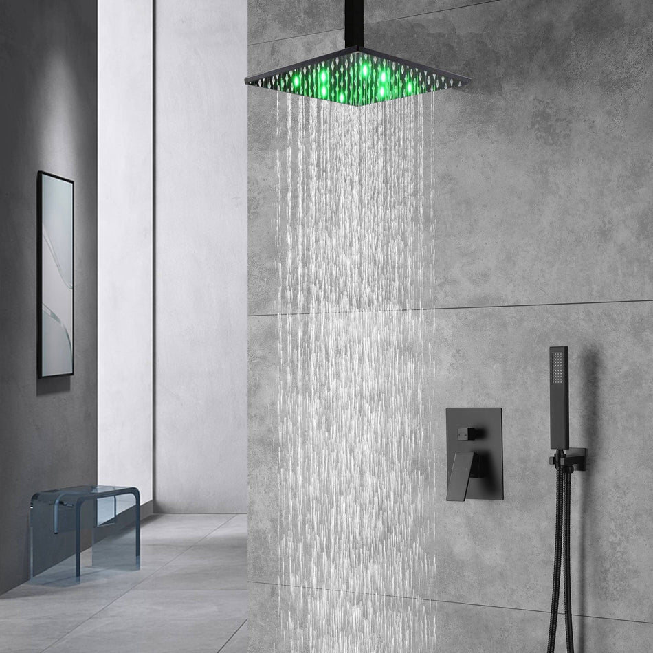 Two way Matt Black 3 LED Colors Rainfall head pressure balance shower faucet Ceiling mounted
