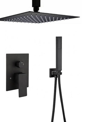 12'' or 16'' Matte Black Ceiling Mounted Rainfall Shower Faucet with LED or Non-LED Light - Dual Function with Pressure Balance Rough-In Valve