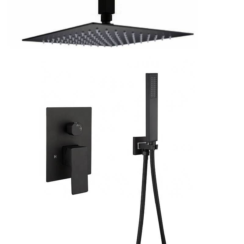 
                  
                    12'' or 16'' Matte Black Ceiling Mounted Rainfall Shower Faucet with LED or Non-LED Light - Dual Function with Pressure Balance Rough-In Valve
                  
                