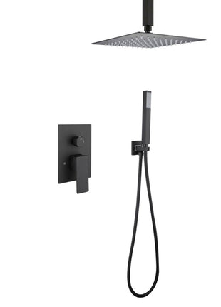 12'' or 16'' Matte Black Ceiling Mounted Rainfall Shower Faucet with LED or Non-LED Light - Dual Function with Pressure Balance Rough-In Valve
