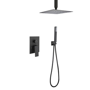 
                  
                    12'' or 16'' Matte Black Ceiling Mounted Rainfall Shower Faucet with LED or Non-LED Light - Dual Function with Pressure Balance Rough-In Valve
                  
                