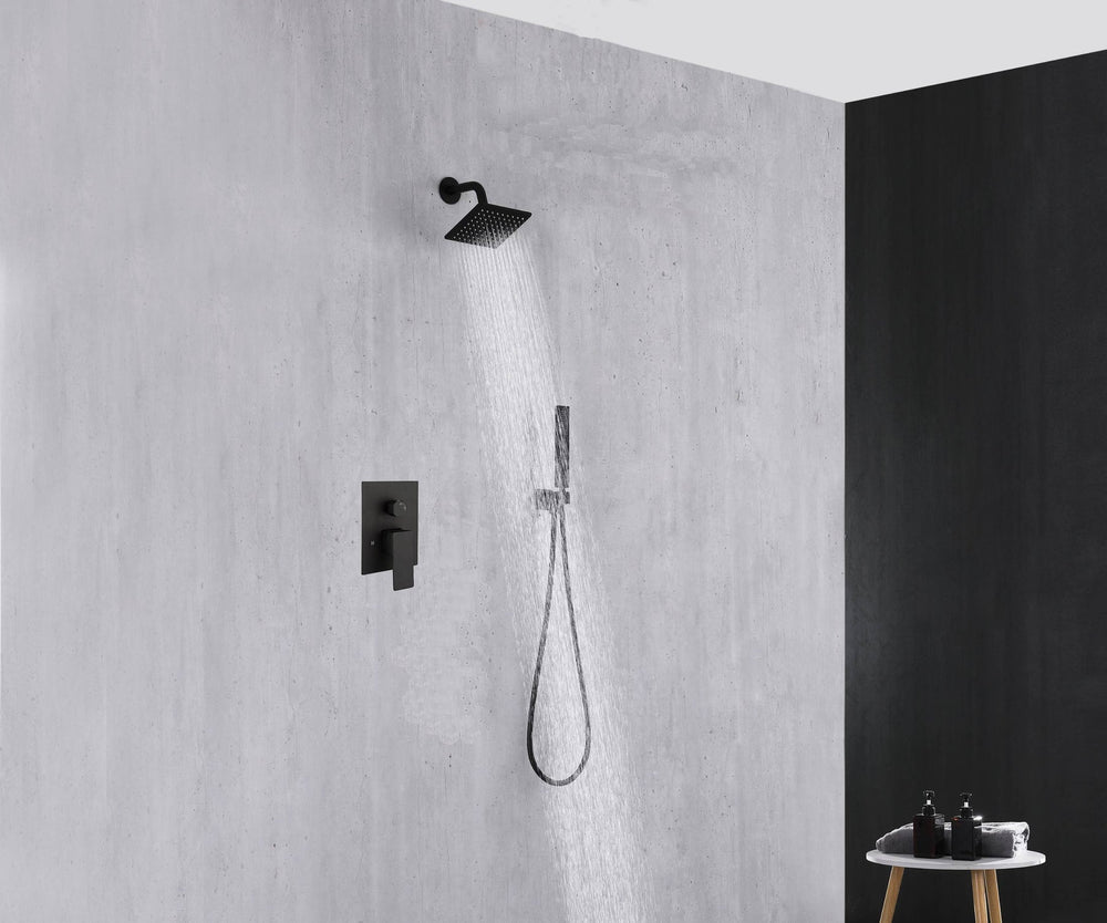Single or two functions 6 inch regular head Wall Mounted Matte Black Rainfall shower faucet pressure balance rough in valve