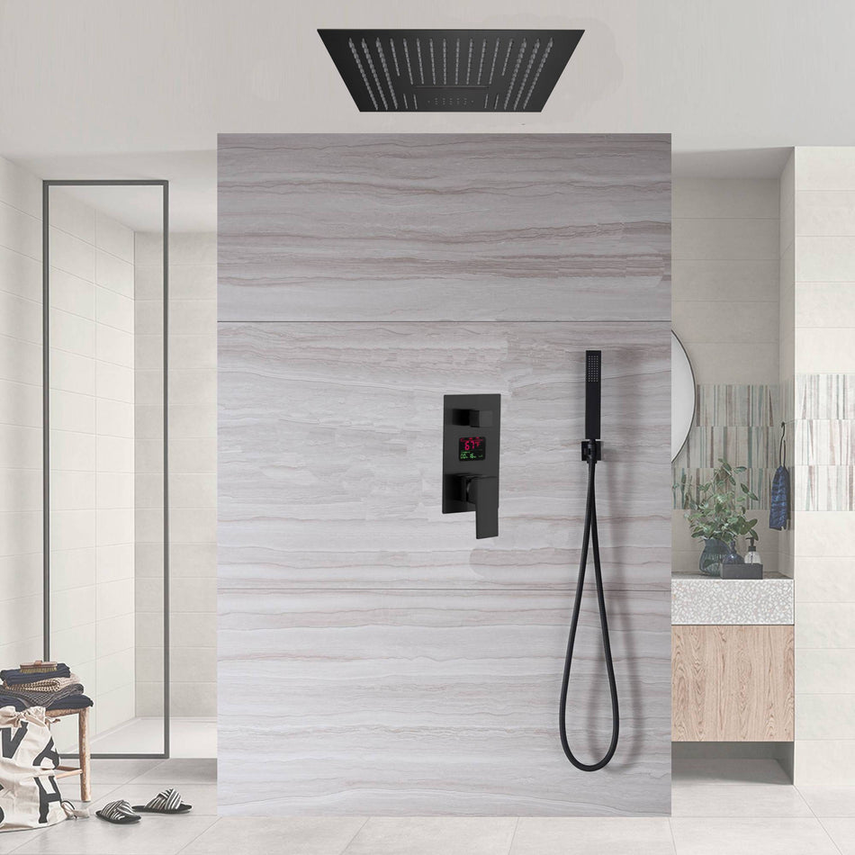 16inch 64 LED colors Music Matte Black Flushed in Bluetooth Music 3 Way anti-scald Digital Shower Faucet