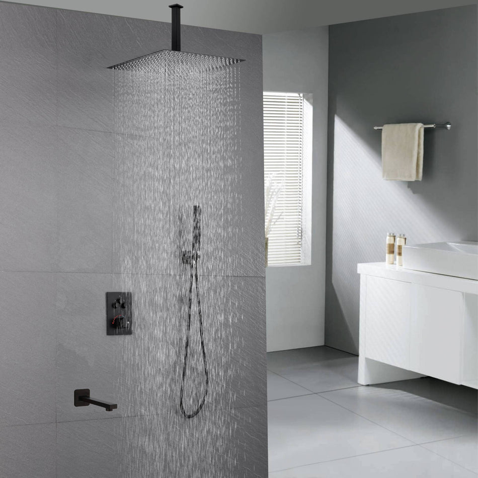 12 inch or 16 inch matt Black Rain Shower Head 3 way thermostatic shower faucet with Tub spout