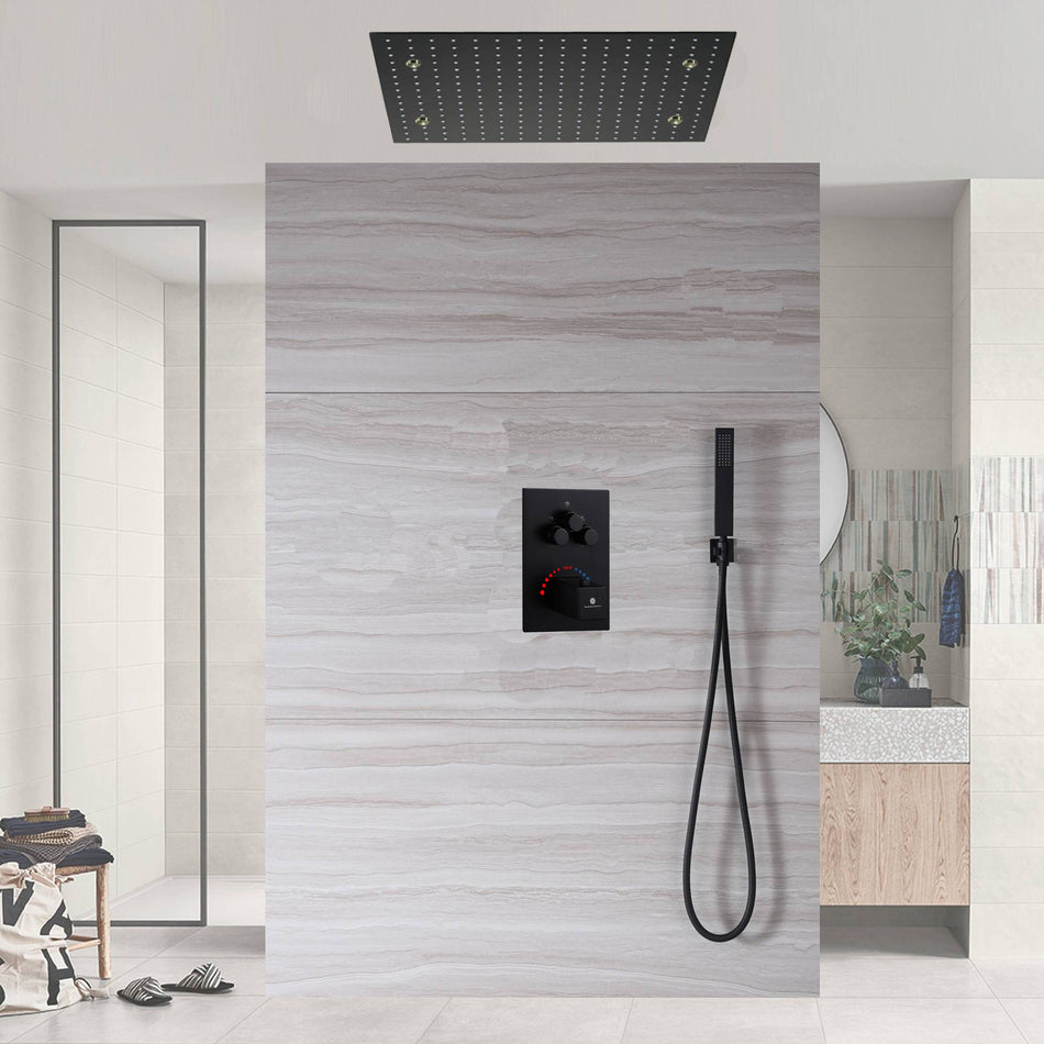 20 Inch LED Mist rainfall ceiling mounted Matte Black 3 way Thermostatic Shower system