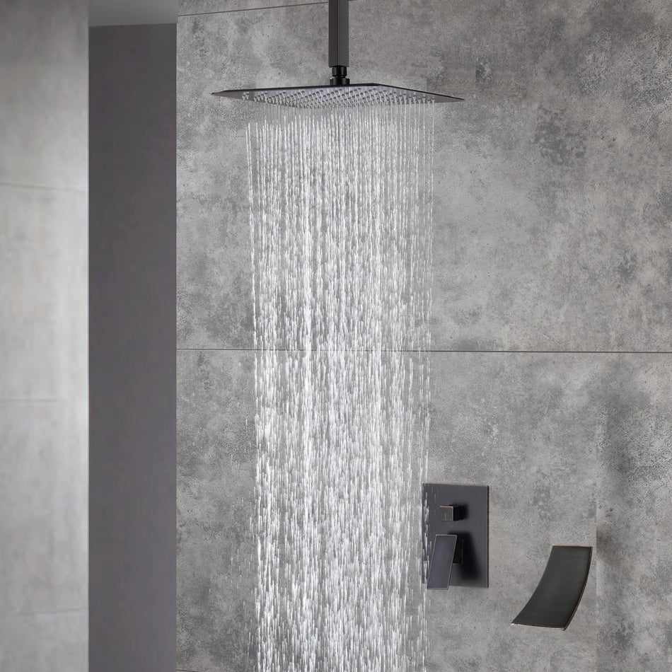12inch or 16 inch ceiling mounted Rainfall Oil Rubbed Bronze Shower Faucet Set System with waterfall tub spout