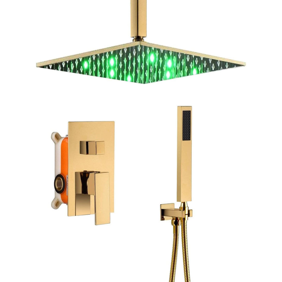 Polished Gold Ceiling Mount 12 Inch or 16 inch 3-Color LED Lights Rainfall Shower Head 2 Way Shower Faucet Rough-In Valve Body and Trim Included