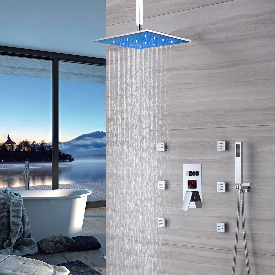 12 inch or 16 inch LED chrome 3 functions pressure balance Digital Display Shower systems With 6 brass Body Jet Sprayer Chrome Finish