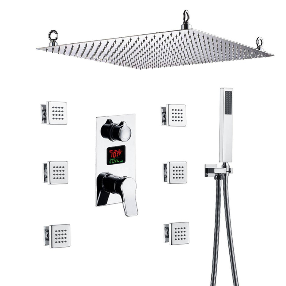 Fahrenheit temperature Digital display 20inch Non led Rain Shower System with Handheld Shower & 6 Body Sprays in Polished Chrome
