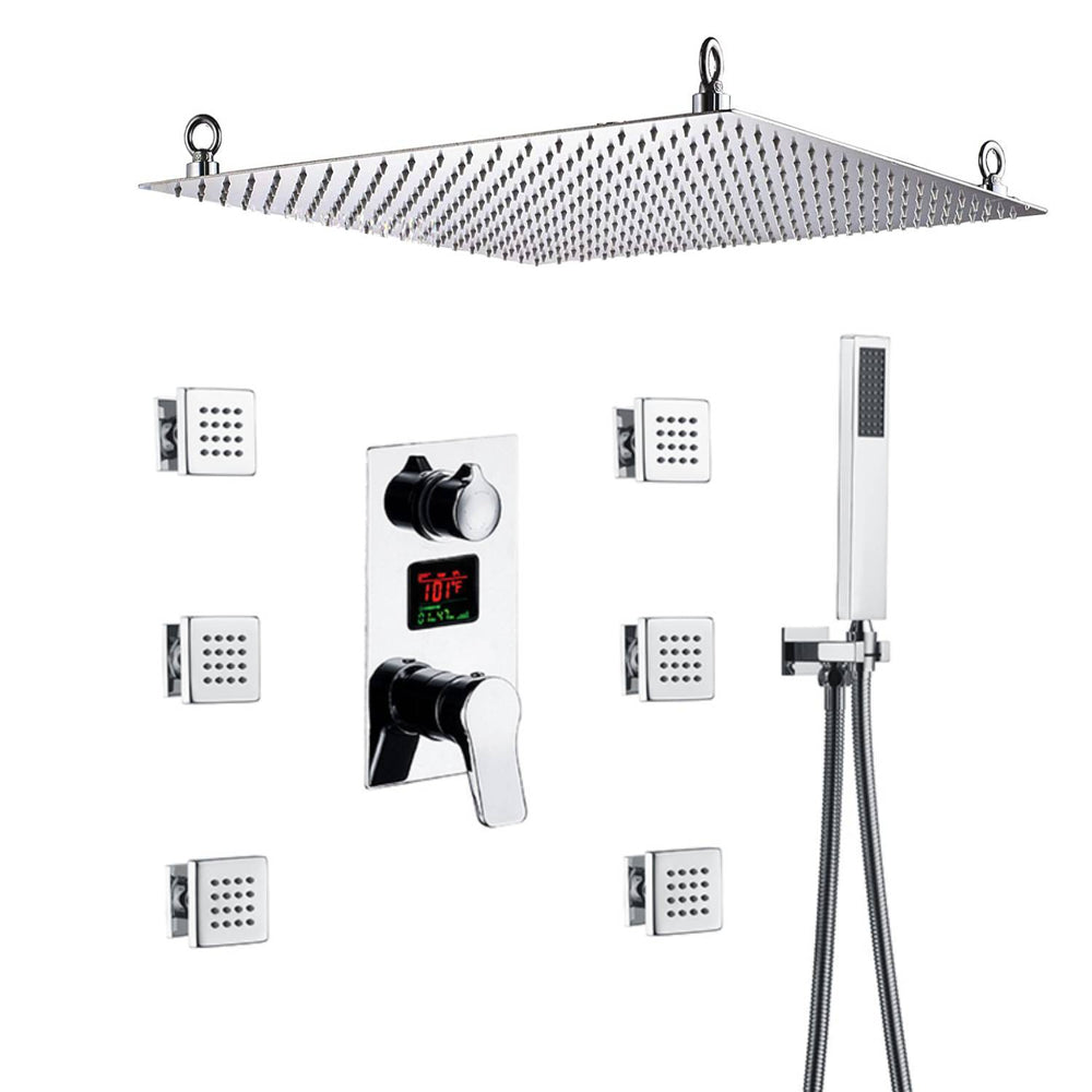 
                  
                    Fahrenheit temperature Digital display 20inch Non led Rain Shower System with Handheld Shower & 6 Body Sprays in Polished Chrome
                  
                