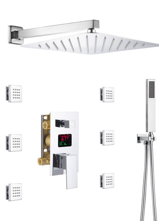 12 inch or 16 inch  Chrome wall mounted Rain shower with body jets 3 way pressure balance digital display rough in valve