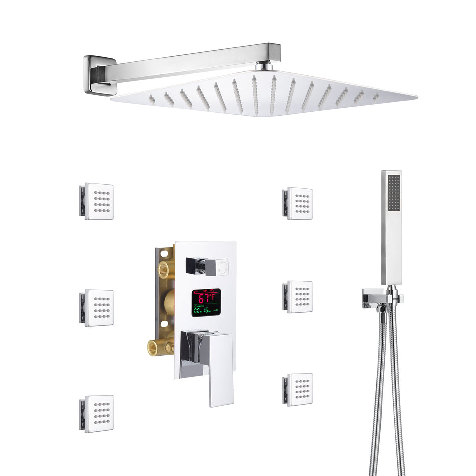 12 inch or 16 inch  Chrome wall mounted Rain shower with body jets 3 way pressure balance digital display rough in valve