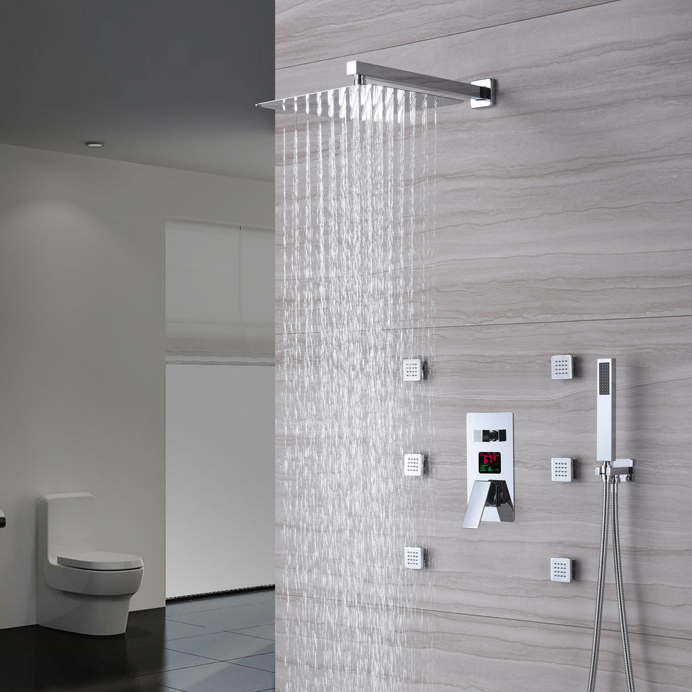
                  
                    12 inch or 16 inch  Chrome wall mounted Rain shower with body jets 3 way pressure balance digital display rough in valve
                  
                