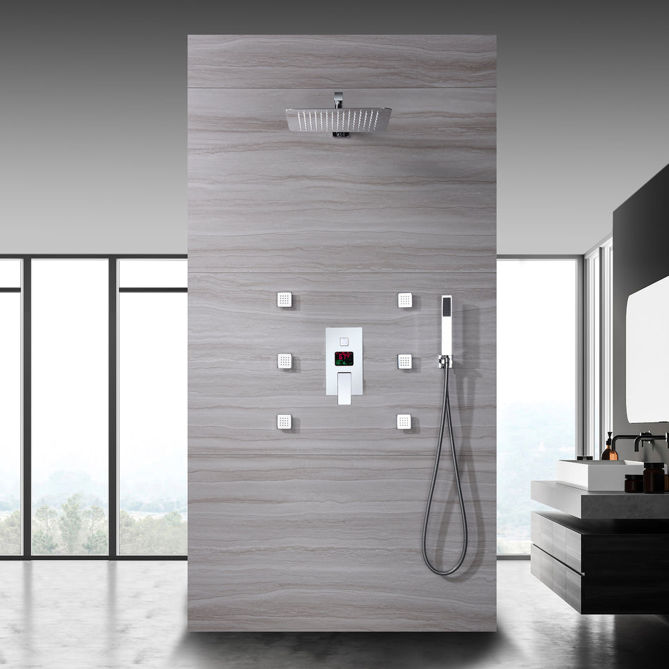 12 inch or 16 inch  Chrome wall mounted Rain shower with body jets 3 way pressure balance digital display rough in valve