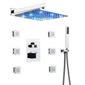 
                  
                    12 inch or 16 inch wall mount 3 LED light Chrome 3 way Thermostaic Shower valve systems with 6 body jets that each function run All together and separately
                  
                