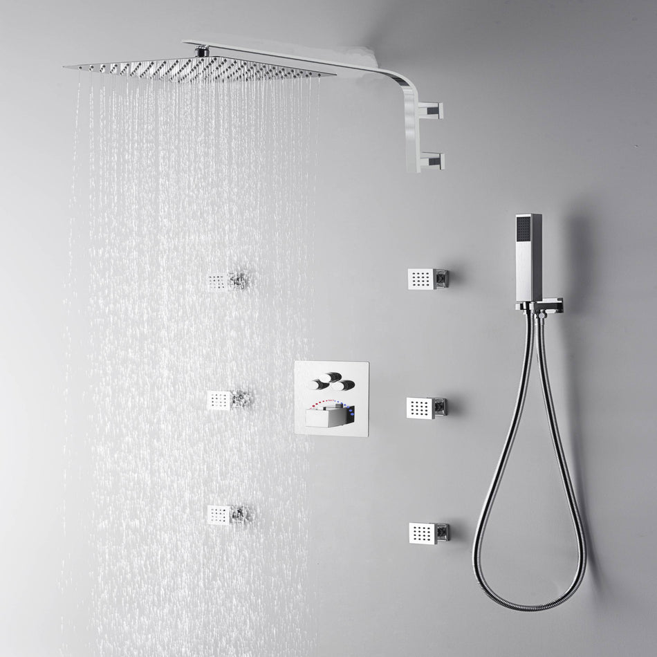 22 inch wall mount shower arm 12 inch or 16 inch 3 LED light Chrome 3 way Thermostaic Shower valve systems with 6 body jets that each function run All together and separately