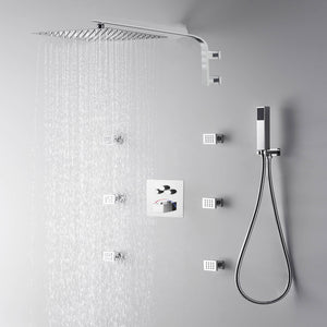 
                  
                    22 inch wall mount shower arm 12 inch or 16 inch 3 LED light Chrome 3 way Thermostaic Shower valve systems with 6 body jets that each function run All together and separately
                  
                