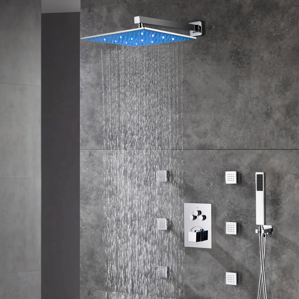 12 inch or 16 inch wall mount 3 LED light Chrome 3 way Thermostaic Shower valve systems with 6 body jets that each function run All together and separately
