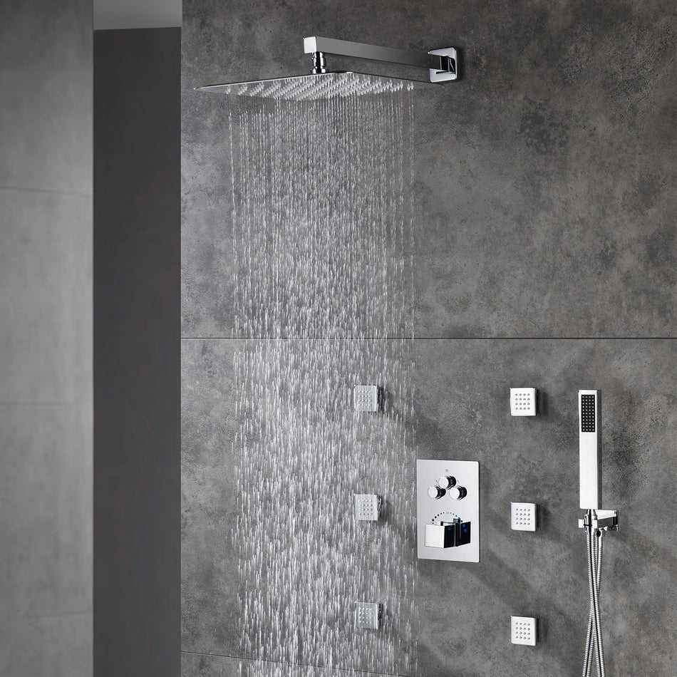12inch Chrome 3 way Thermostaic Shower valve systems with 6 body jets that each function run All together and seperately