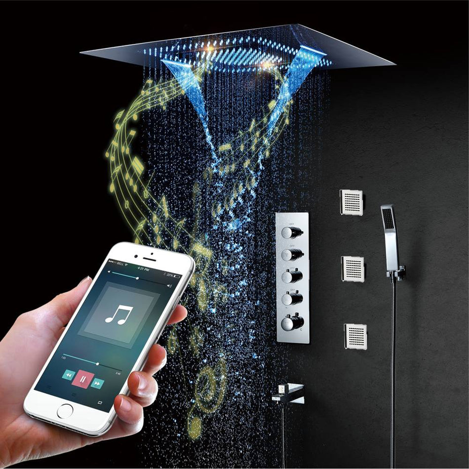 16'' Chrome Flushed in Bluetooth Music Waterfall Rainfall LED Shower Valve Ceiling  Thermostatic Shower Faucet Set with 4 Inch Body Jet