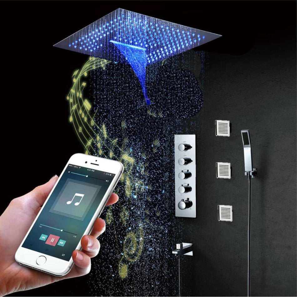 16inch 64 colors LED Chrome Flushed in Bluetooth Music  4 Way Thermostatic Shower Faucet with 4 Inch Body Jet