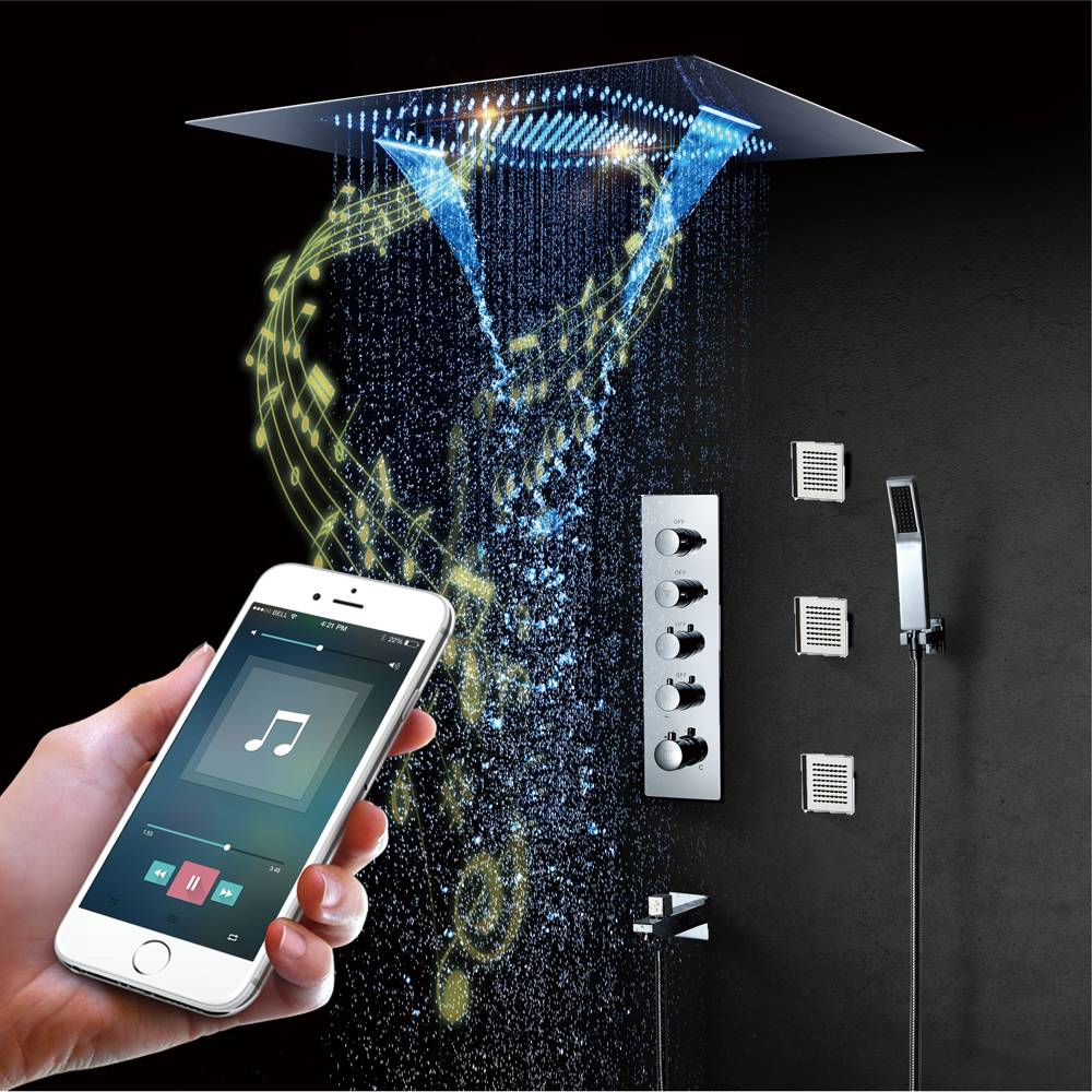 16'' Chrome Flushed in Bluetooth Music Waterfall Rainfall LED Shower Valve Ceiling  Thermostatic Shower Faucet Set with 4 Inch Body Jet