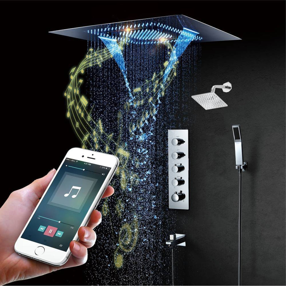 16'' Chrome Flushed in Bluetooth Music Waterfall Rainfall LED Shower Valve Ceiling  Thermostatic Shower Faucet Set with Regular head wall mount
