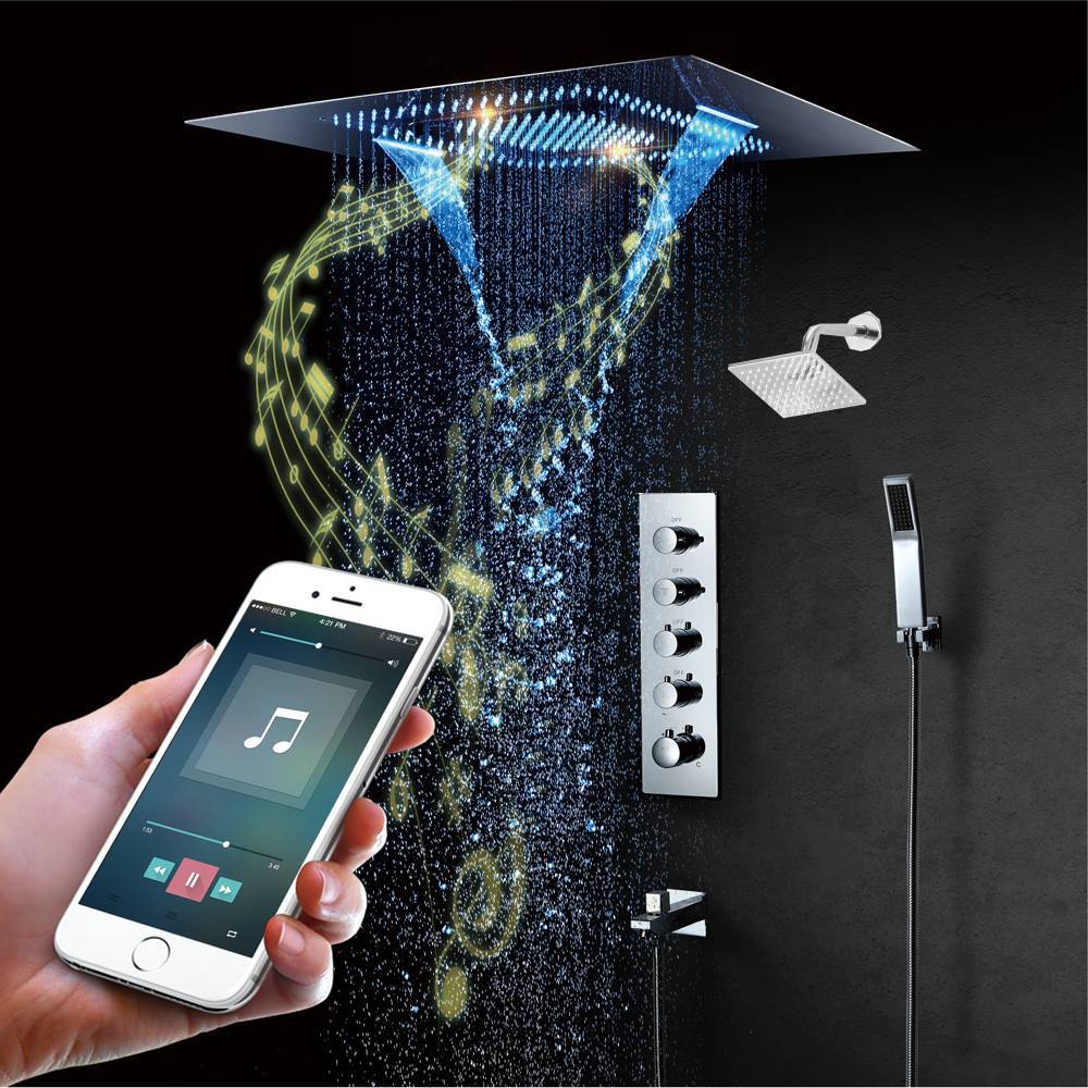 16'' Chrome Flushed in Bluetooth Music Waterfall Rainfall LED Shower Valve Ceiling  Thermostatic Shower Faucet Set with Regular head wall mount