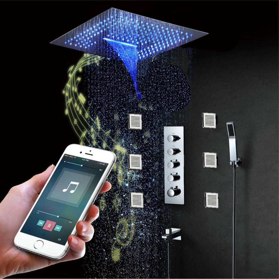 16inch 64 colors LED Chrome Flushed in Bluetooth Music  4 Way Thermostatic Shower Faucet with 6  Body Jet