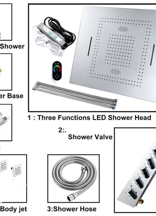 16'' Chrome Flushed in Bluetooth Music Waterfall Rainfall LED Shower Valve Ceiling  Thermostatic Shower Faucet Set with Regular head wall mount