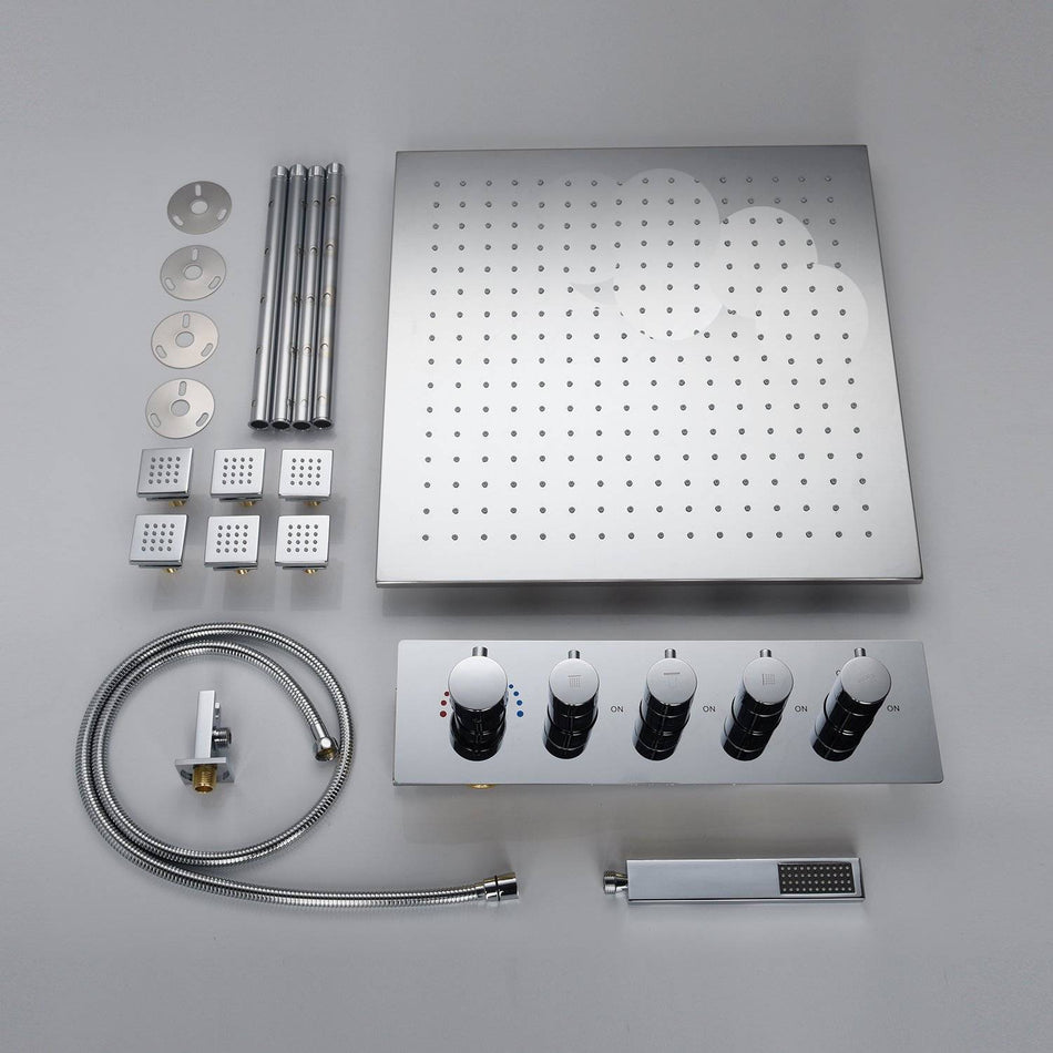 24'' ceiling mounted LED Chrome 4 way thermostatic shower system with body jets and 8inch wall mount shower head