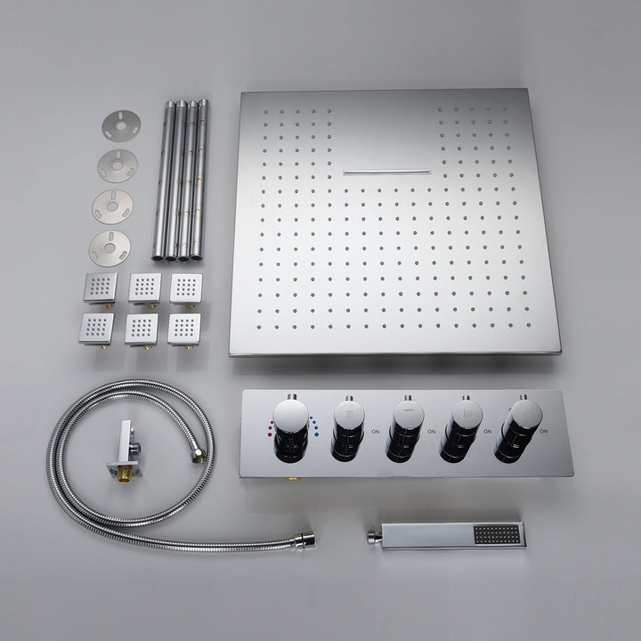 20inch chrome ceiling mount rainfall waterfall shower systems 4 way thermostatic valve with 6 body jets