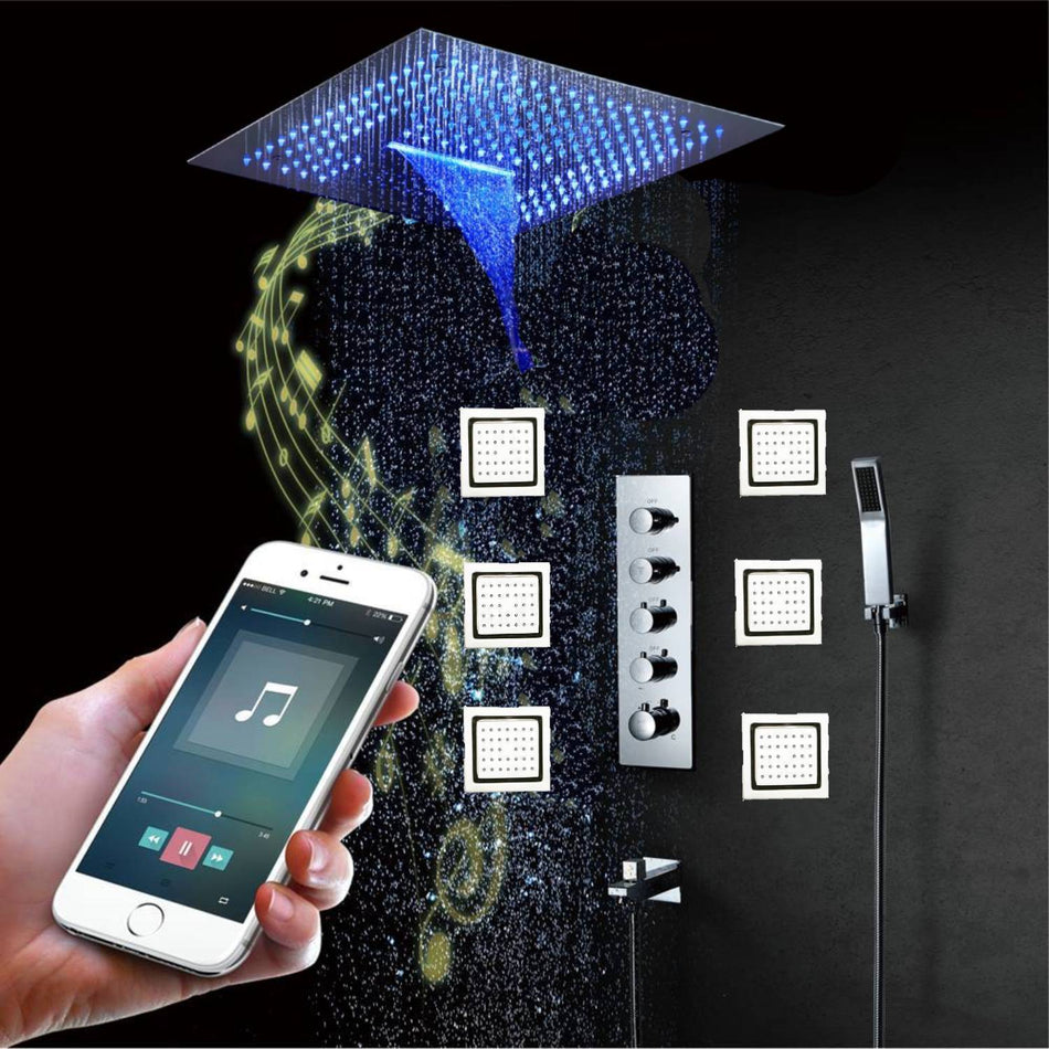 16inch 64 colors LED Chrome Flushed in  4 Way Thermostatic Shower Faucet with 4inch Body Jet