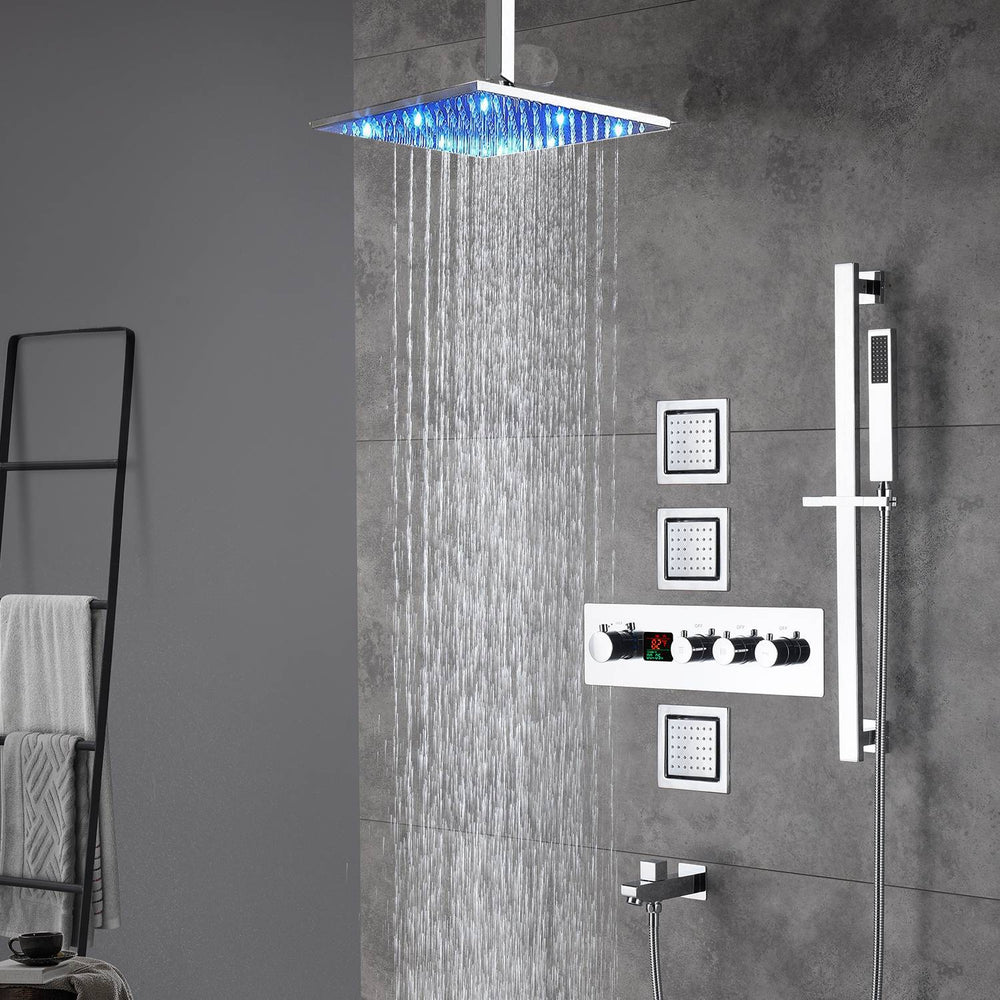 16inch LED 3 way digital thermostatic shower faucet with sliding bar and 4inch body jets