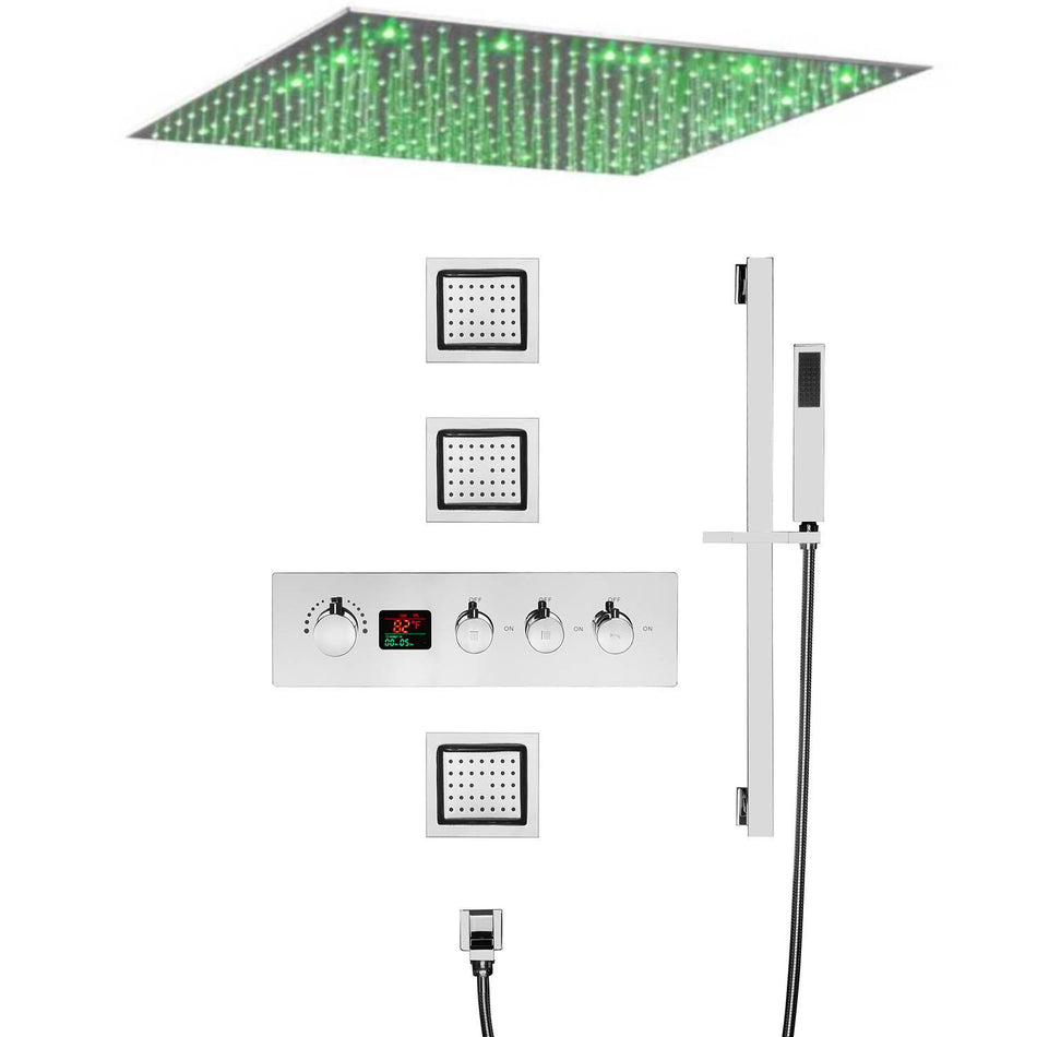 Chrome 20 INCH LED Rainfall 3 way digital Thermostatic shower faucetswith body jets each function work all together and separately