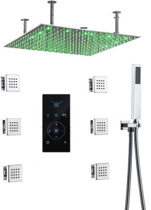24inch LED Rain Shower Chrome Ceiling Mount 3 way touch digital  valve with 6 body jets