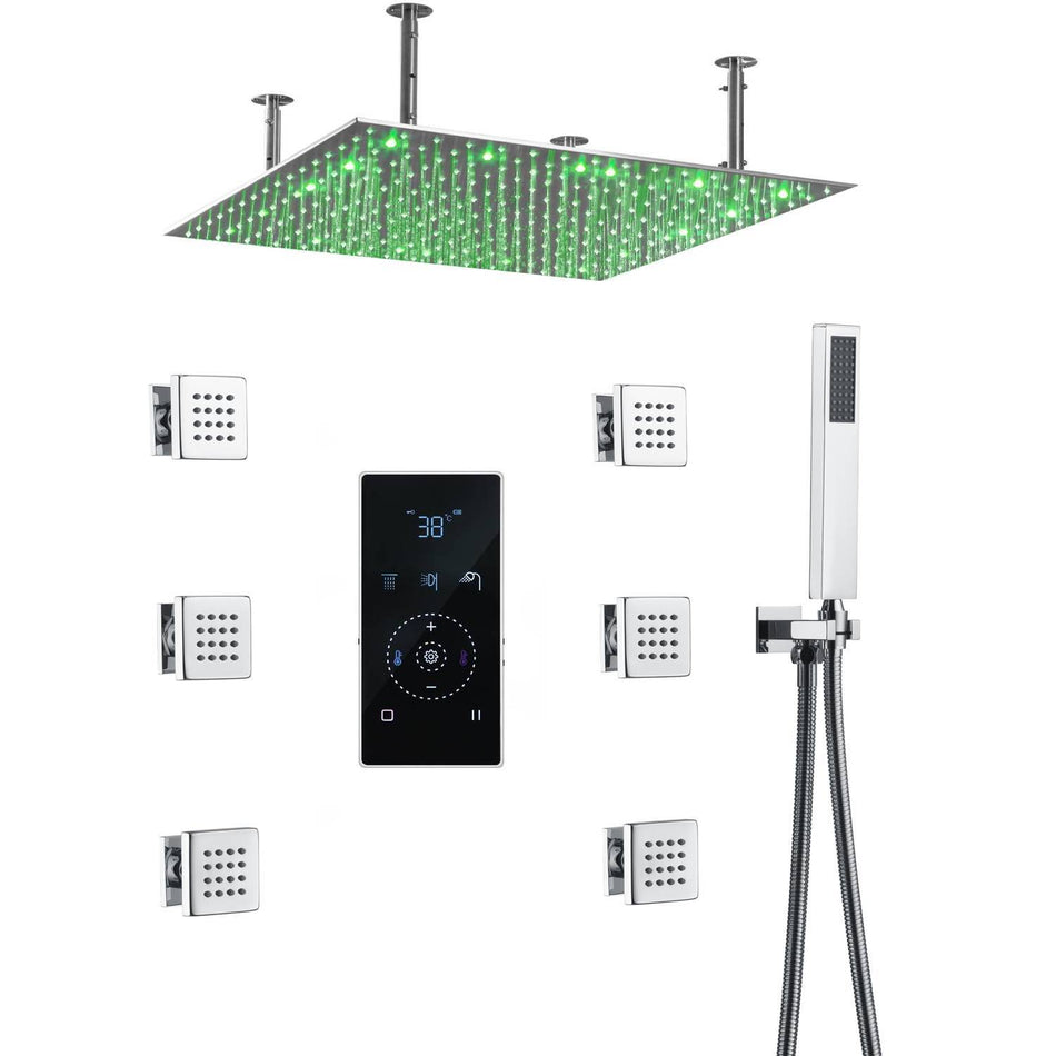 24inch LED Rain Shower Chrome Ceiling Mount 3 way touch digital  valve with 6 body jets