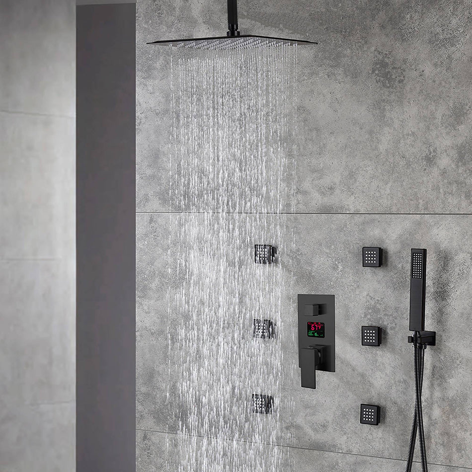 12 INCH or 16 INCH ceiling mounted 3 way matte black pressure balance Digital display rain showers with 6 body jets