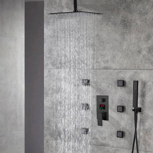 
                  
                    12 INCH or 16 INCH ceiling mounted 3 way matte black pressure balance Digital display rain showers with 6 body jets
                  
                