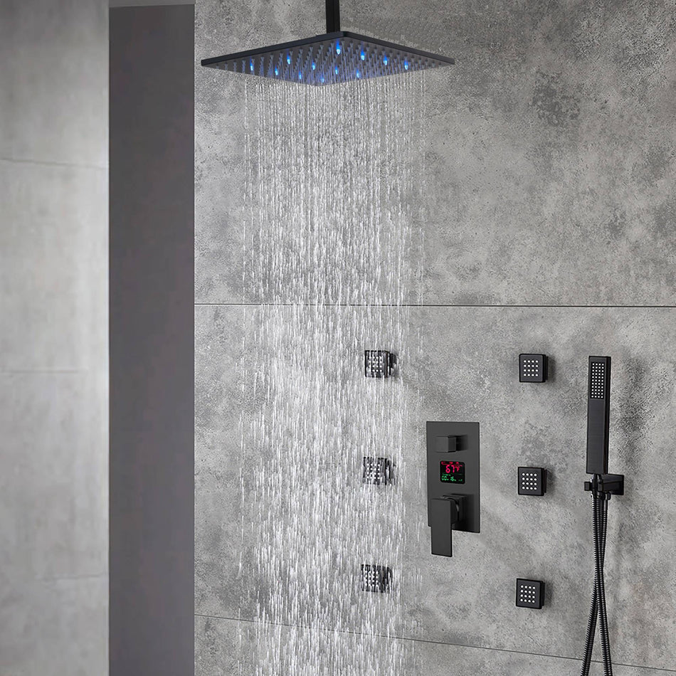 12 INCH or 16 INCH 3 LED color lights ceiling mounted 3 way matte black pressure balance Digital display rain showers with 6 body jets