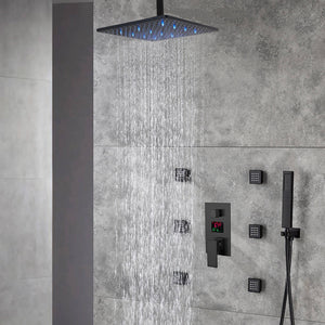 
                  
                    12 INCH or 16 INCH 3 LED color lights ceiling mounted 3 way matte black pressure balance Digital display rain showers with 6 body jets
                  
                
