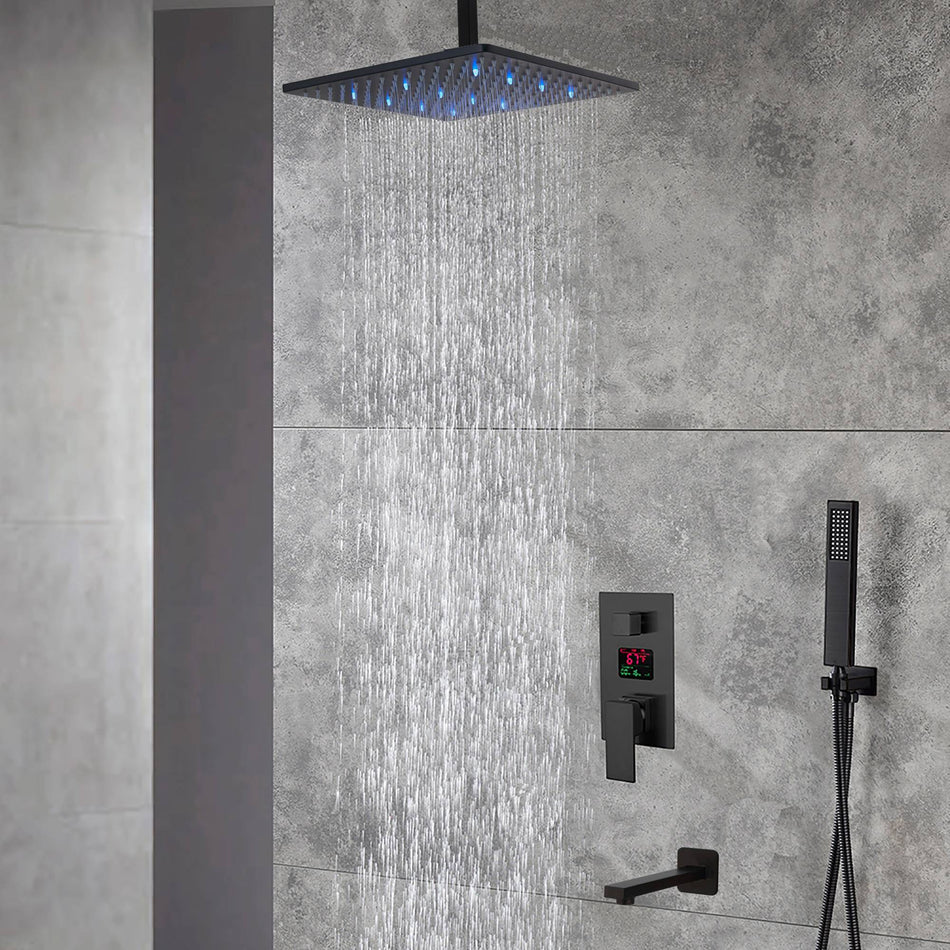 12 INCH or 16 INCH 3 LED color lights rain head ceiling mounted 3 way matte black pressure balance Digital display rain showers with tub spout
