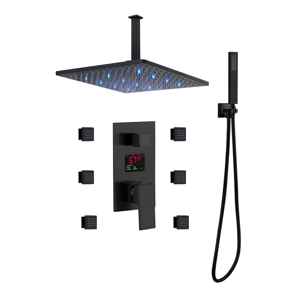 3 way Ceiling mounted 12 inch or 16 inch LED Matte Black anti-scald pressure balance Digital display valve  LED Shower Faucet with 6 body jets
