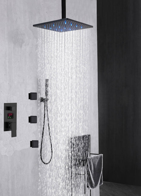 3 way Ceiling mounted 12 inch or 16 inch LED Matte Black anti-scald pressure balance Digital display valve  LED Shower Faucet with 6 body jets