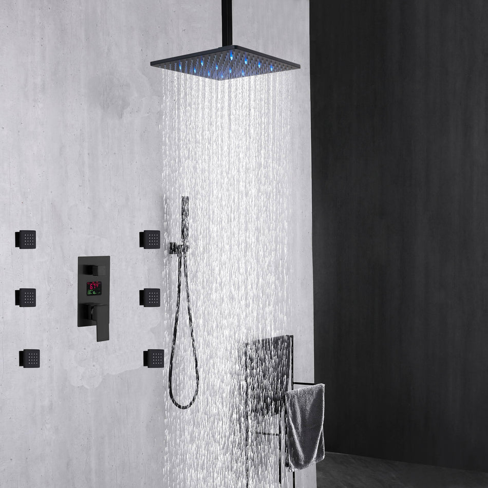 3 way Ceiling mounted 12 inch or 16 inch LED Matte Black anti-scald pressure balance Digital display valve  LED Shower Faucet with 6 body jets