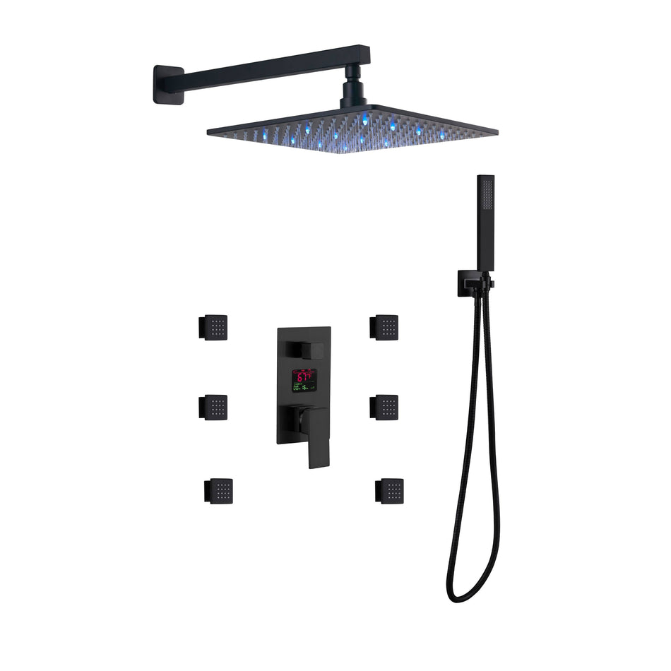 3 way wall mounted Matte Black anti-scald pressure balance Digital display valve 12inch or 16 inch  LED Shower Faucet with 6 body jets