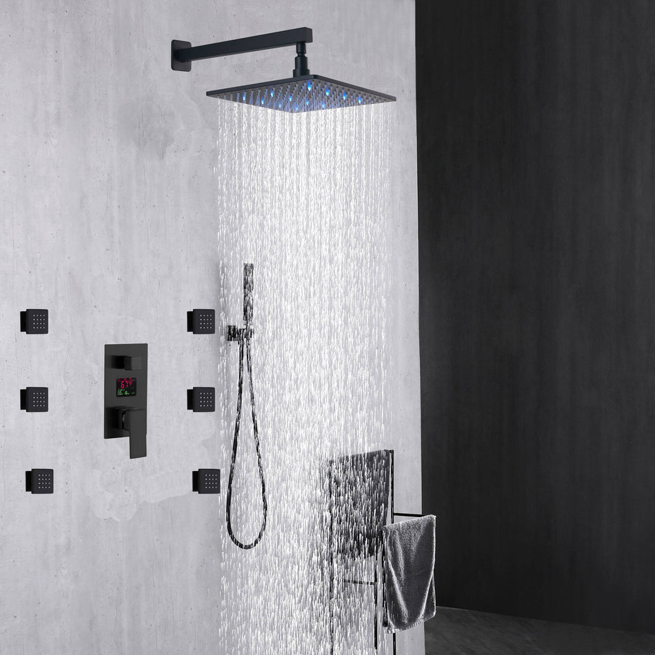 3 way wall mounted Matte Black anti-scald pressure balance Digital display valve 12inch or 16 inch  LED Shower Faucet with 6 body jets