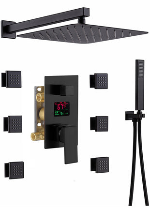 12 INCH or 16 INCH wall mounted 3 way matte black pressure balance Digital display rain showers with 6 body jets