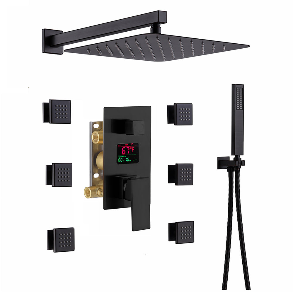 
                  
                    12 INCH or 16 INCH wall mounted 3 way matte black pressure balance Digital display rain showers with 6 body jets
                  
                
